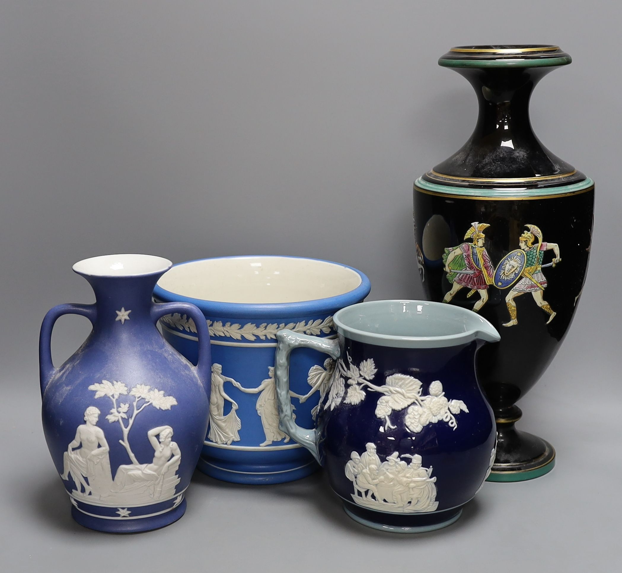 A jasper ware Portland style vase, together with a Jasperware jardiniere and vase, and a Spode jug - tallest 37.5cm (4)